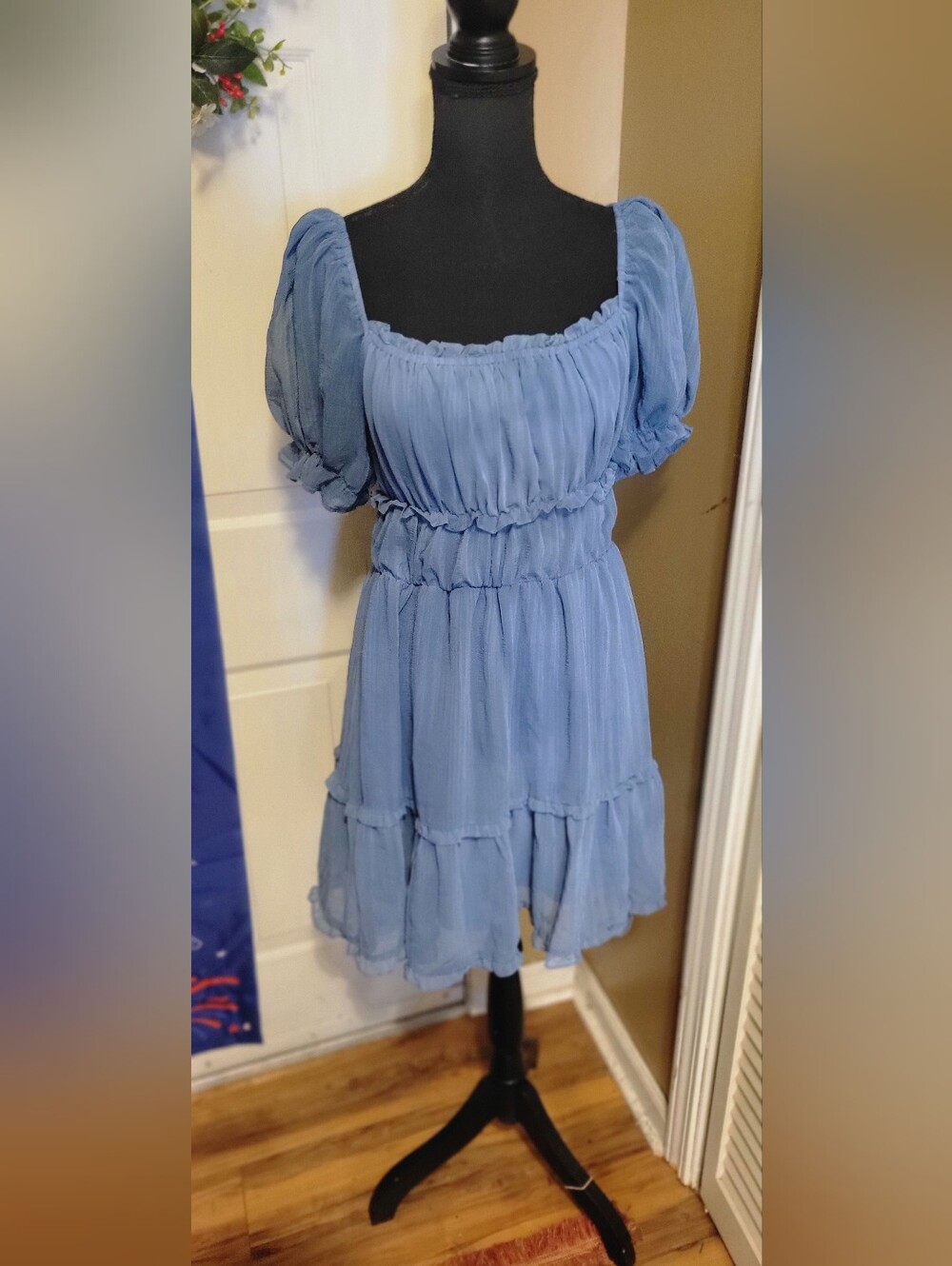 She + Sky Tiered Fit & Flare Slate/Light Blue Puff Sleeve Dress, Size Medium
